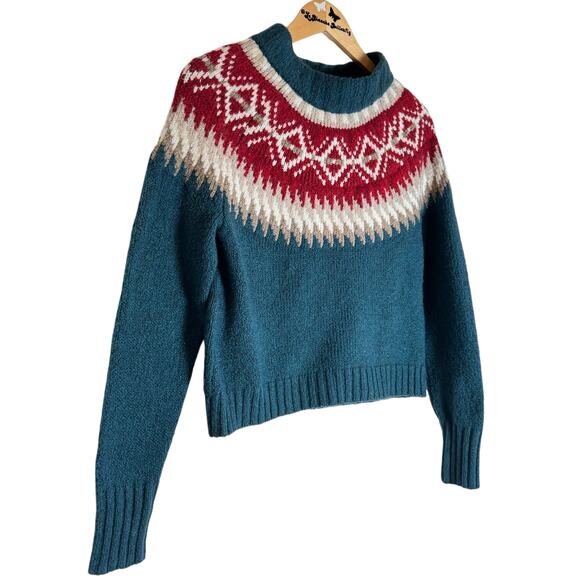American Eagle Women's Small Fair Isle Knit Mock Neck Sweater - Red and Teal - Picture 6 of 6